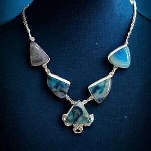 Blue Statement Necklace, Handcrafted Sterling Silver with Dyed Agate, 18-Inch